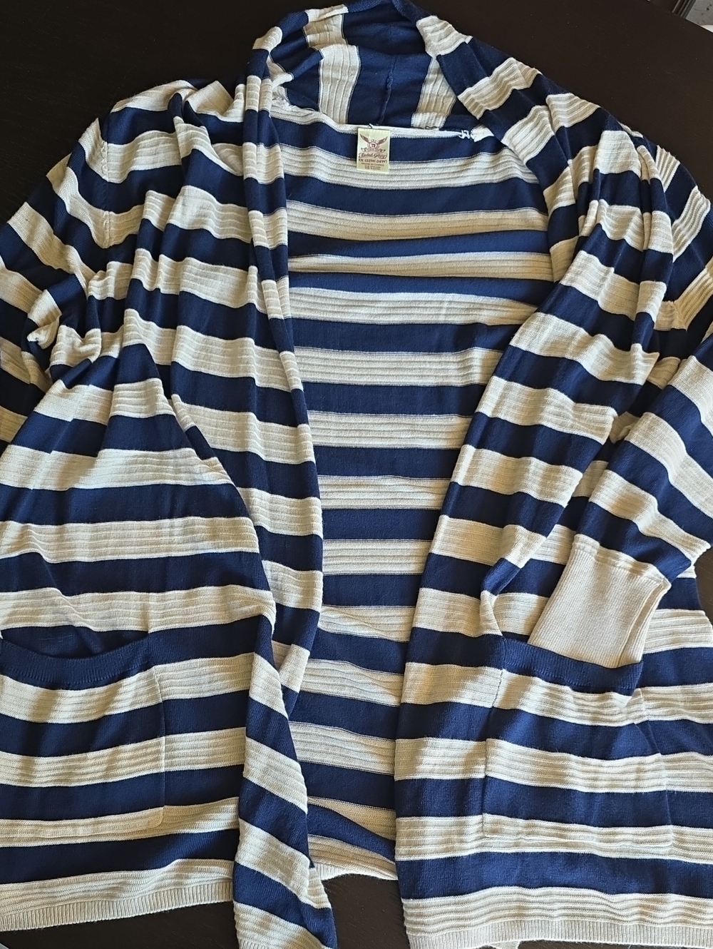 Faded Glory Navy and Cream Striped Hooded Cardigan
